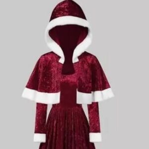 Gaovot red and white crushed velvet a line dress and hooded cape size M.
